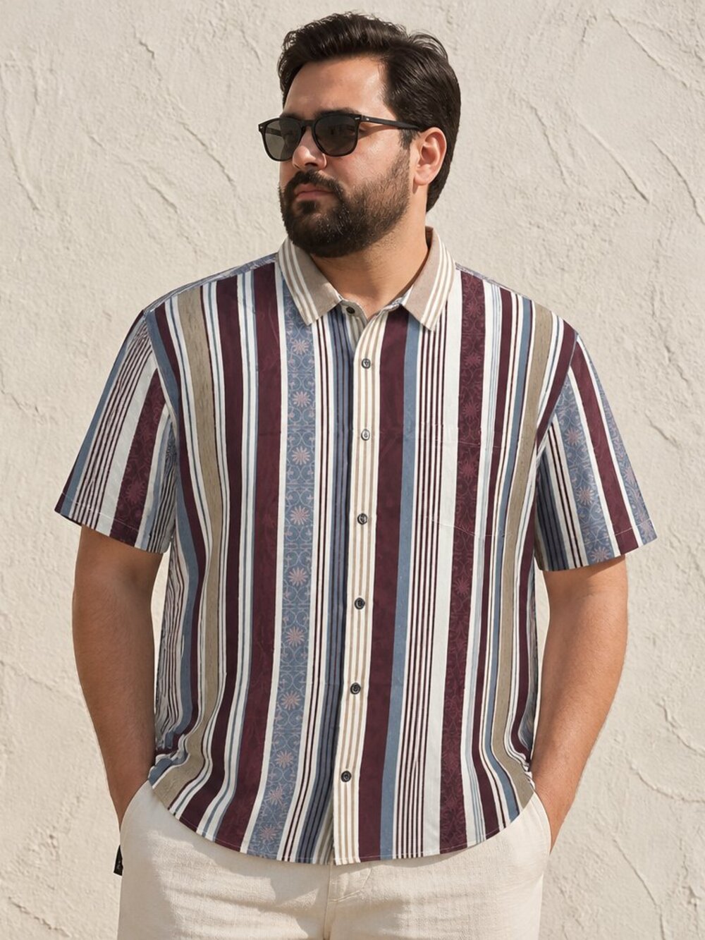 Men's Casual Striped Button-Down Shirt - Burgundy, White, Navy